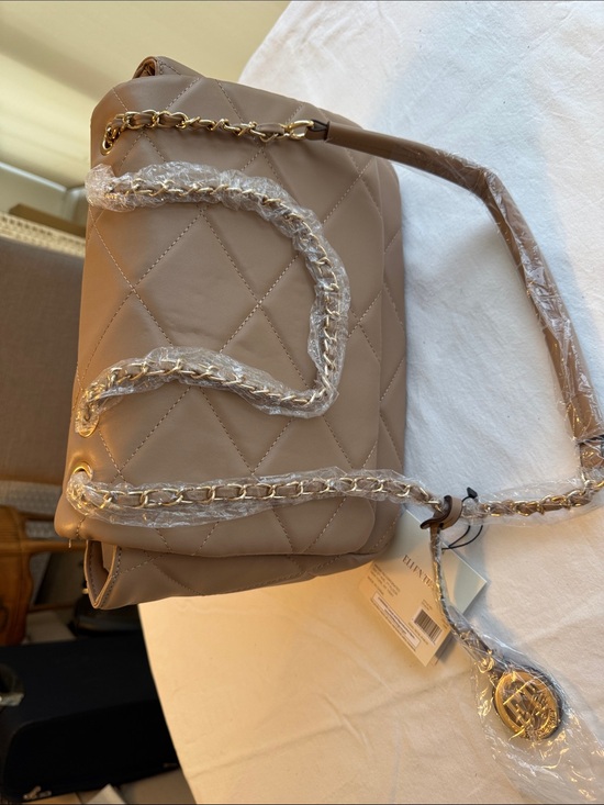 Ellen Tracy Handbags - Ellen Tracy Quilted Shoulder Bag in Taupe with Gold Chain